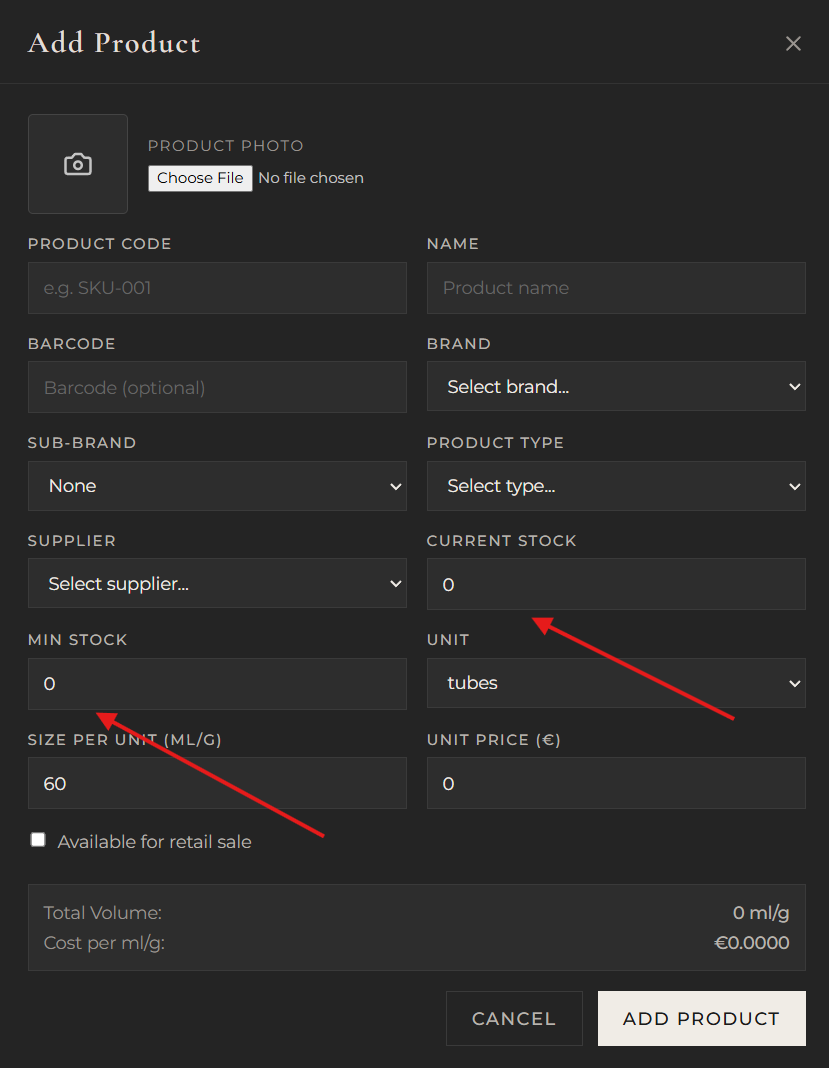 Add Product form showing stock and pricing fields