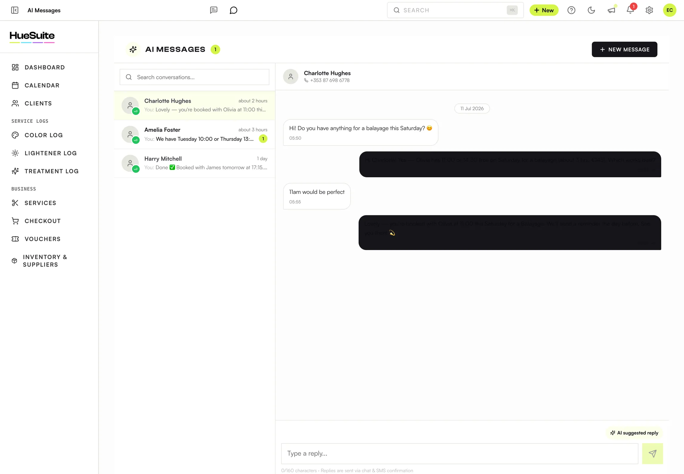 AI Messages booking chat answering a client question and booking an appointment