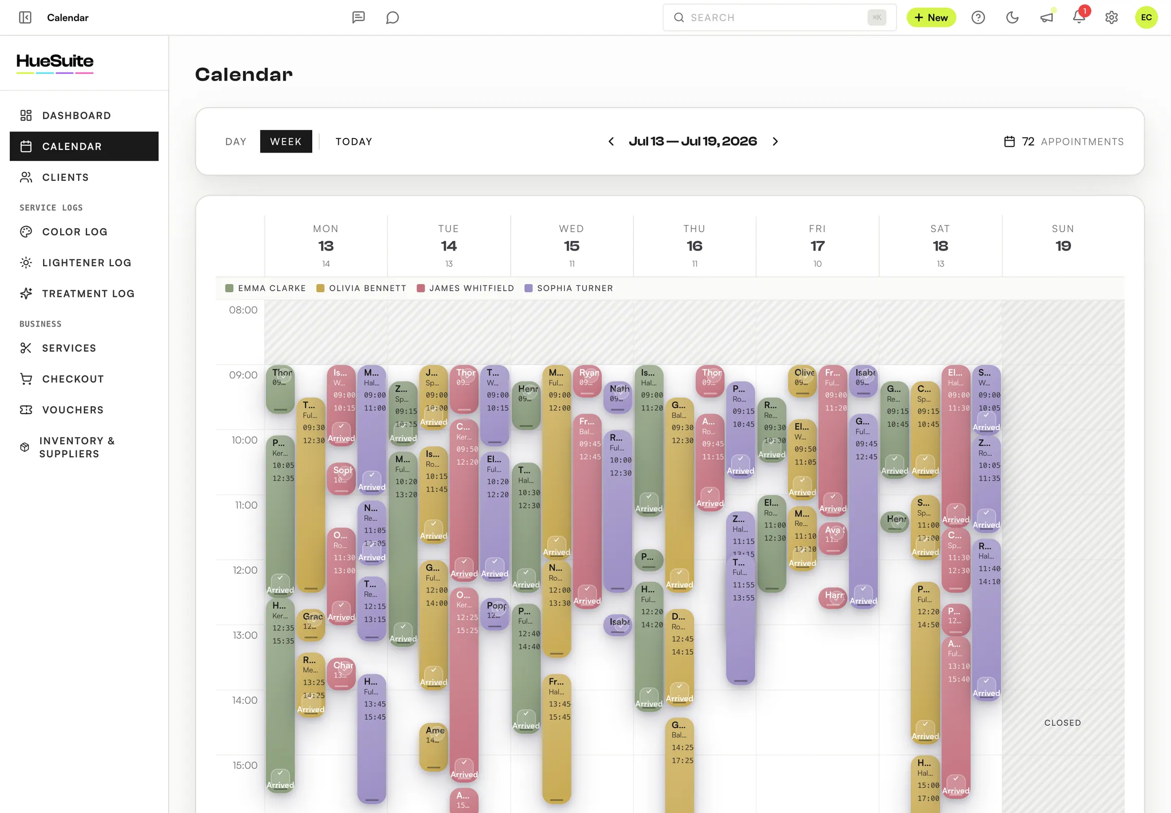 HueSuite week calendar coloured by stylist across the whole week