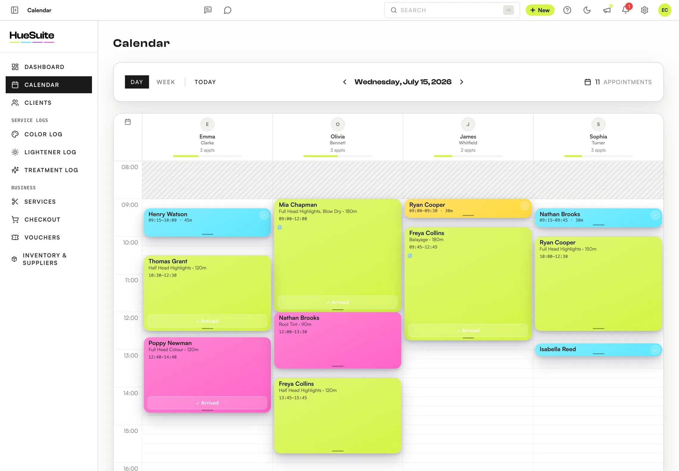 HueSuite calendar with per-stylist columns