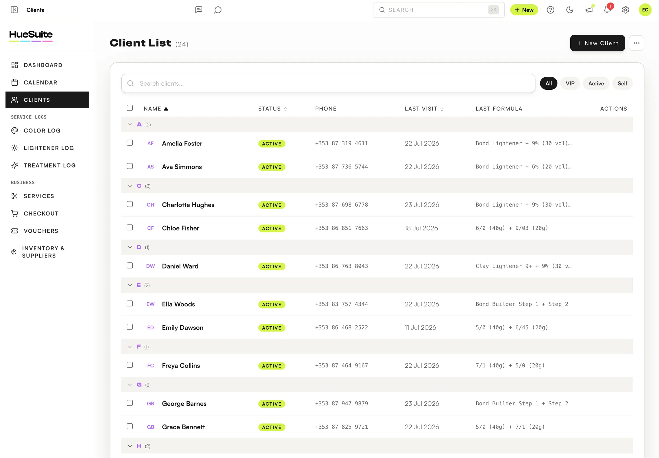 HueSuite client list with profiles, history and formulas