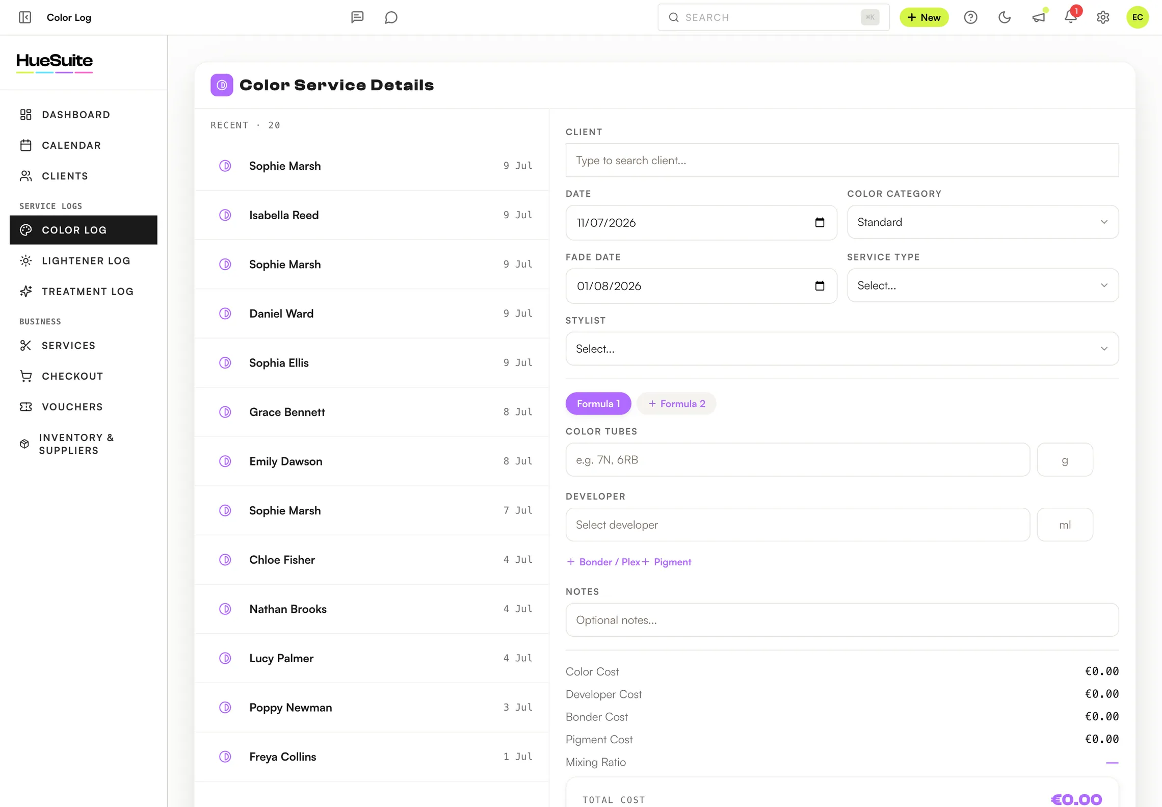 HueSuite colour log listing every client's saved formulas with brand and cost