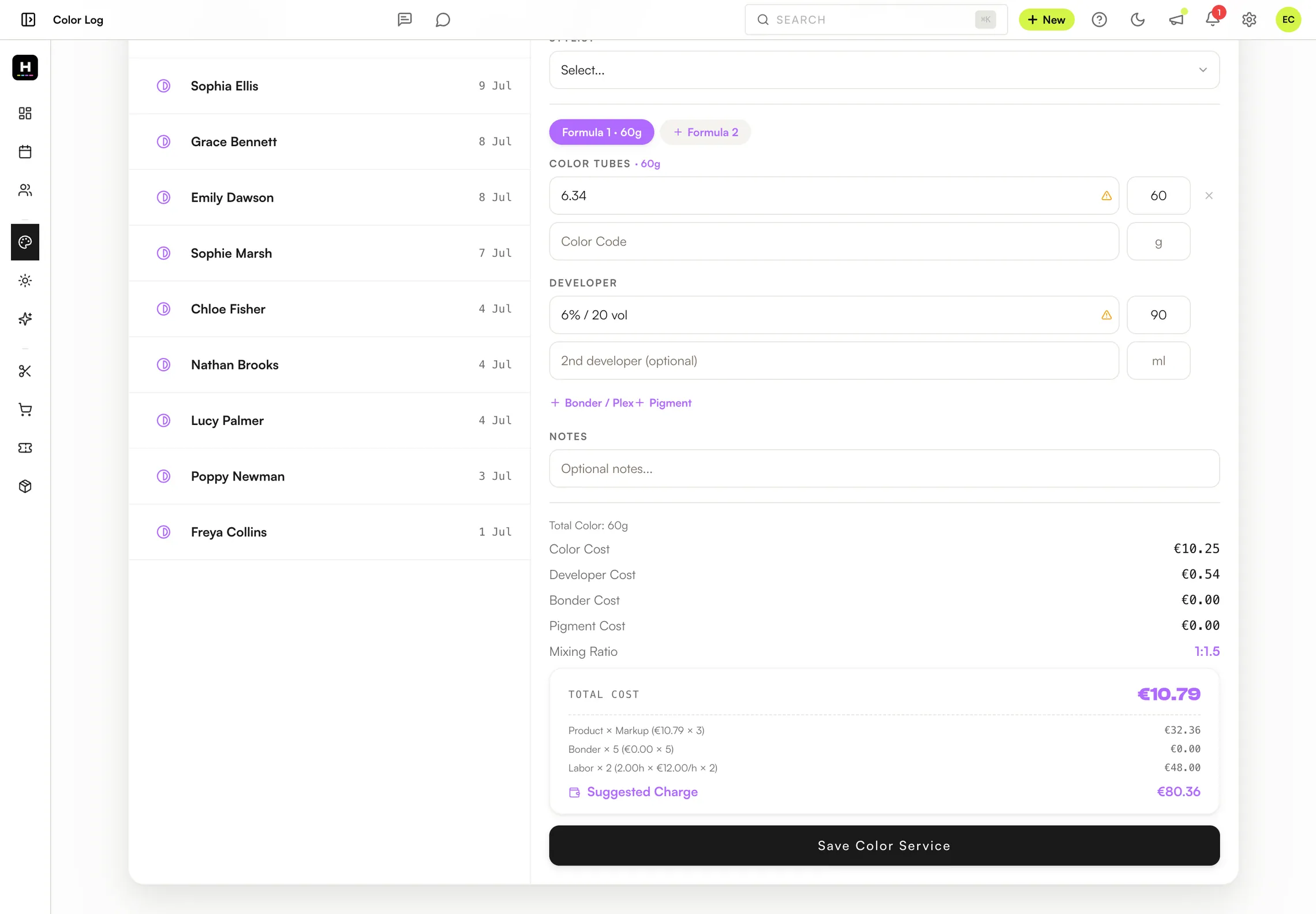 HueSuite colour log suggested charge section with live costing