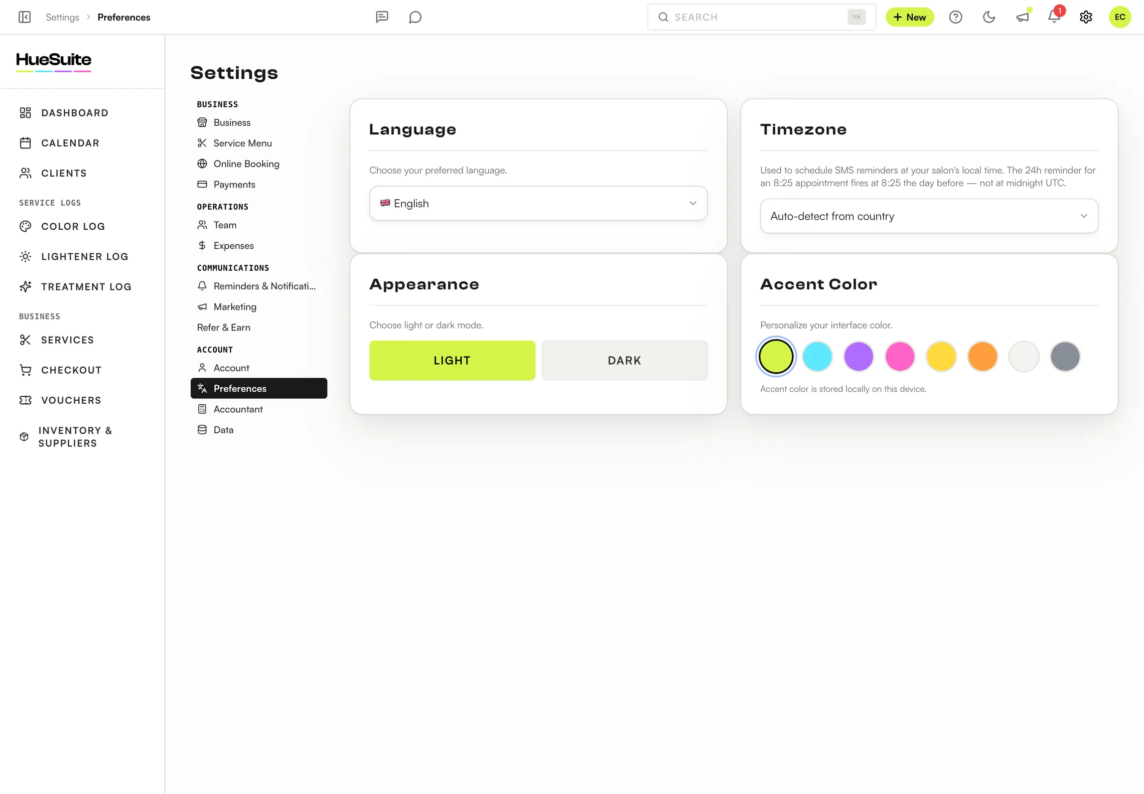 HueSuite theme customization — light, dark and accent colour