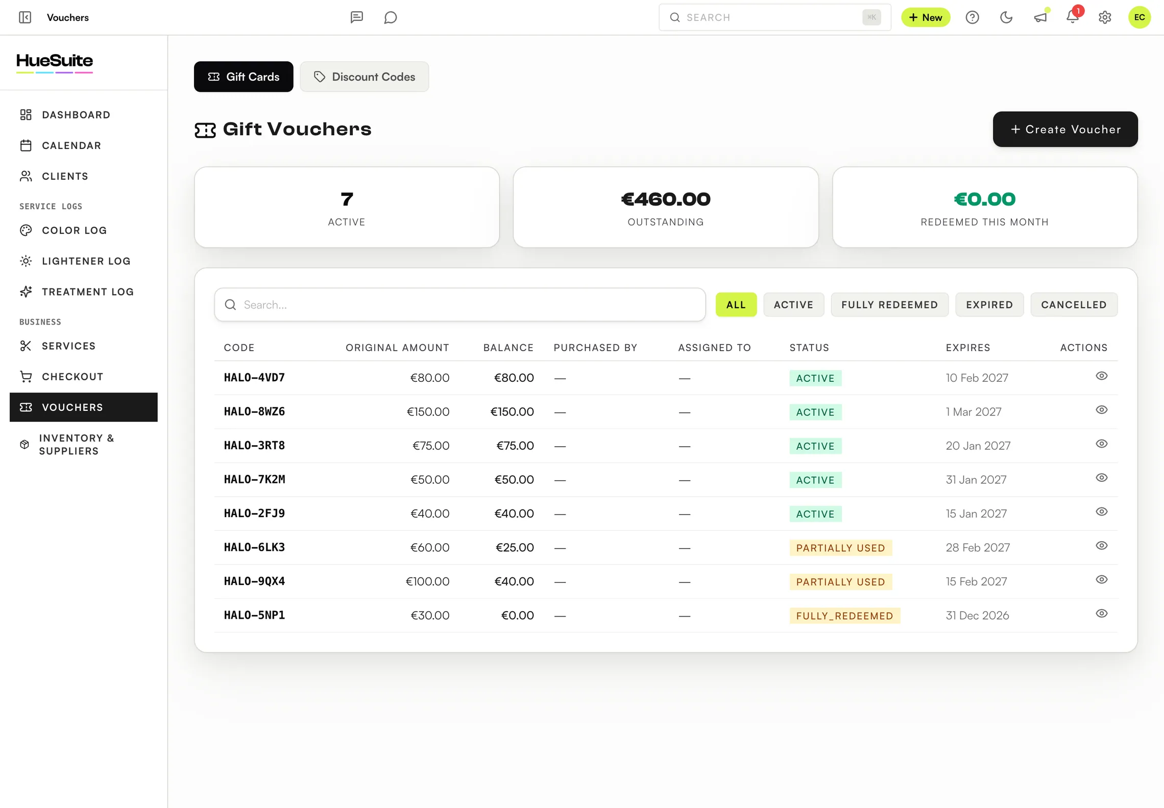 HueSuite gift voucher ledger with balances and status