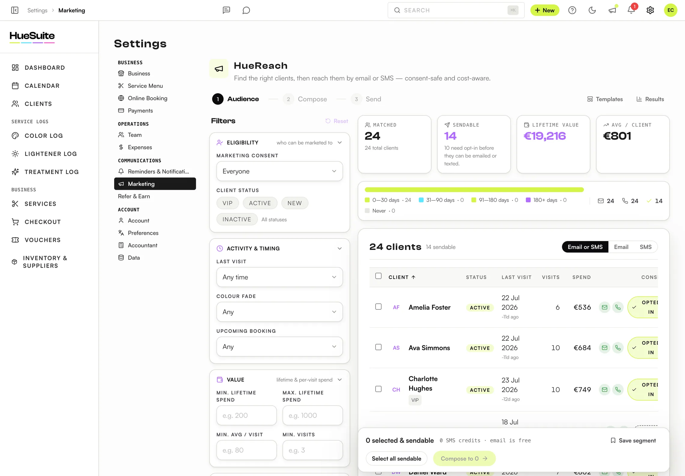 Hue Reach audience builder segmenting salon clients