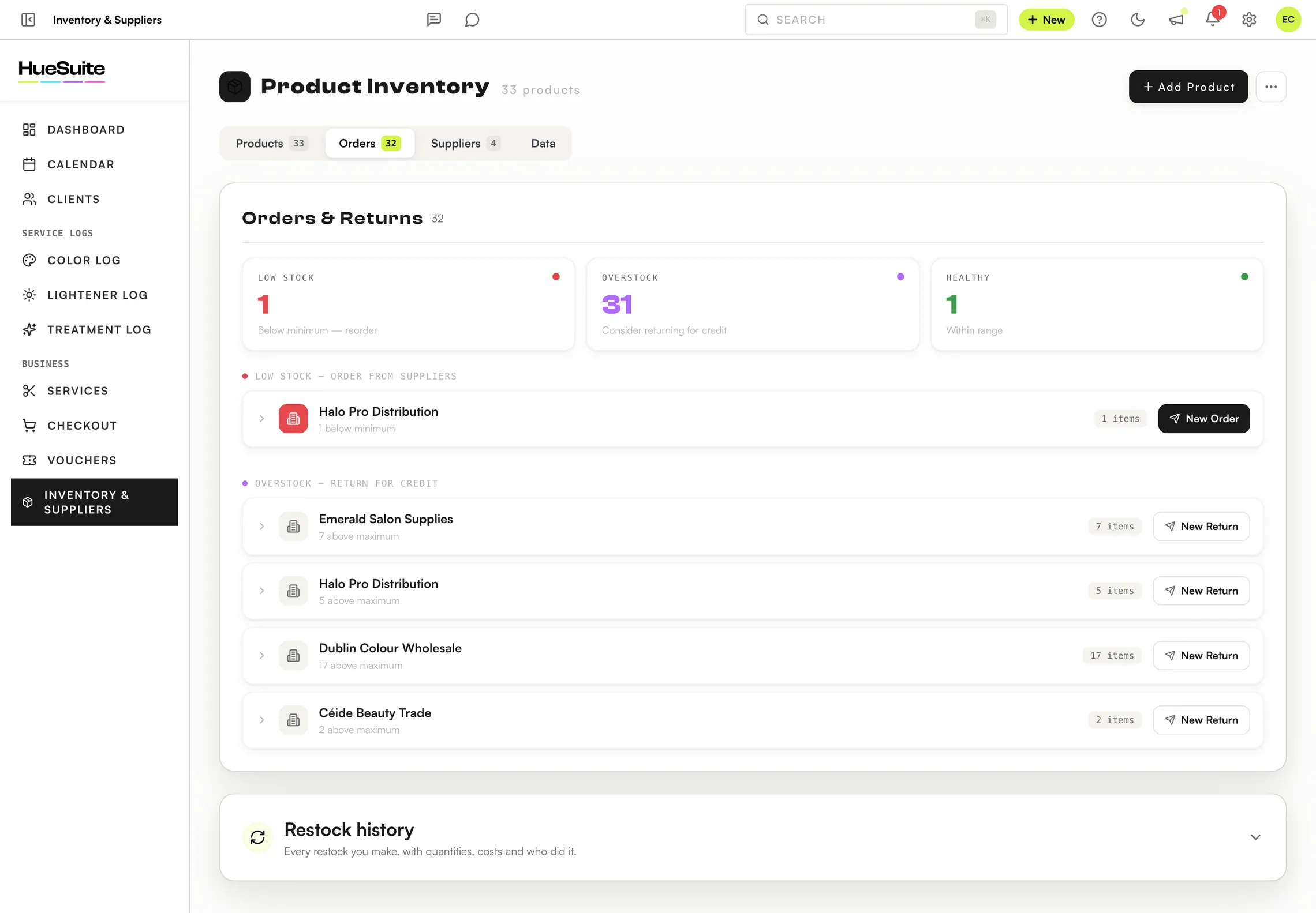 HueSuite inventory orders screen grouping low-stock items by supplier into ready-to-send purchase orders