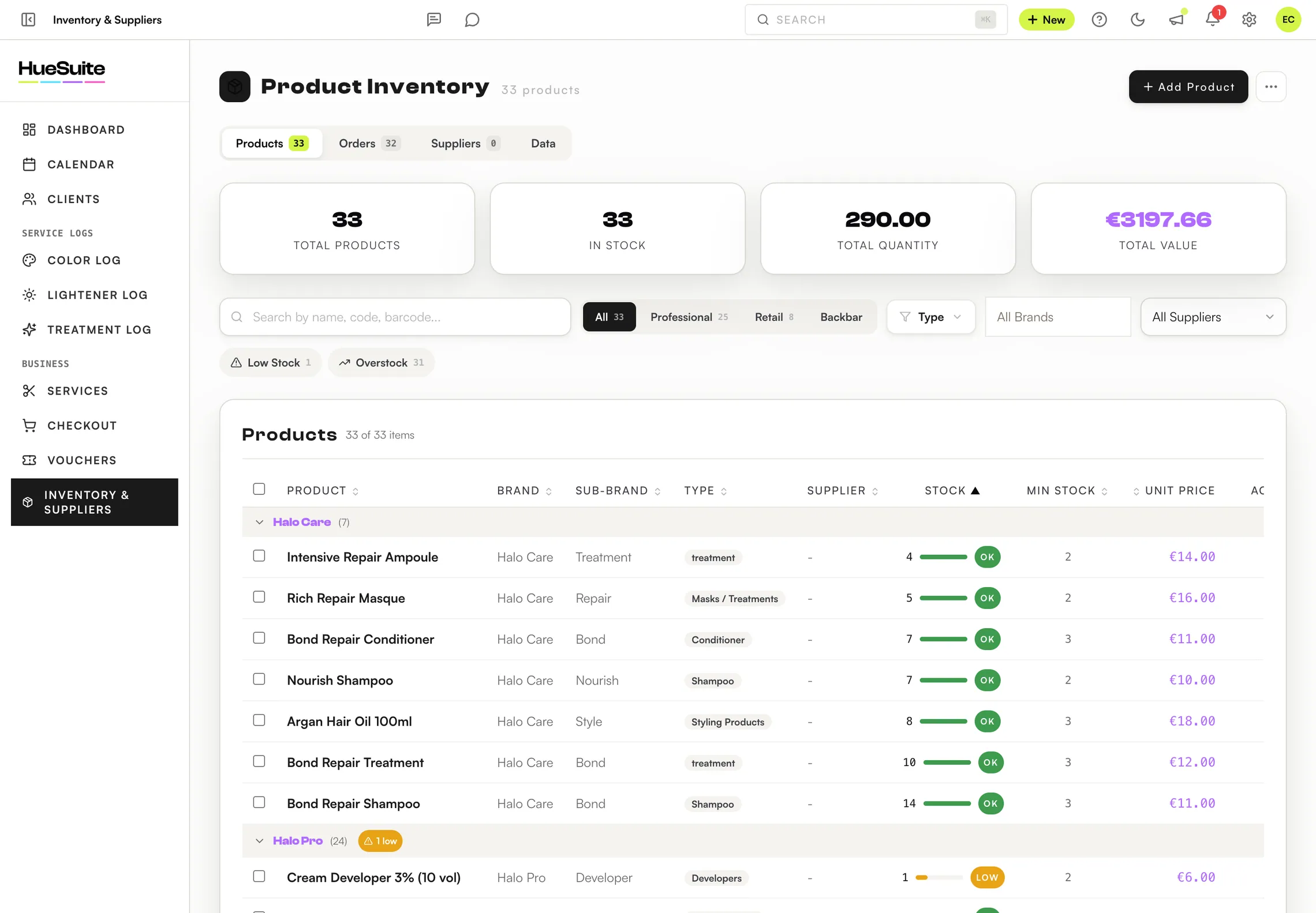 HueSuite gram-level inventory by brand with live stock and value