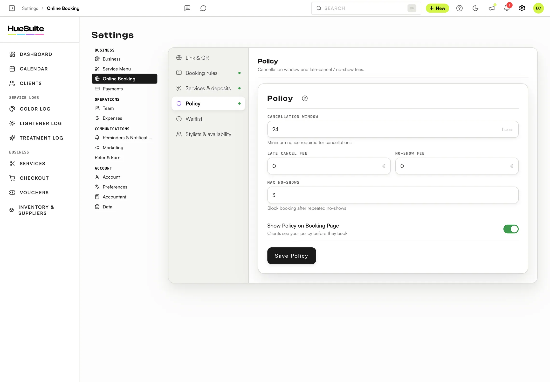 HueSuite online booking policy, deposits and intake questions