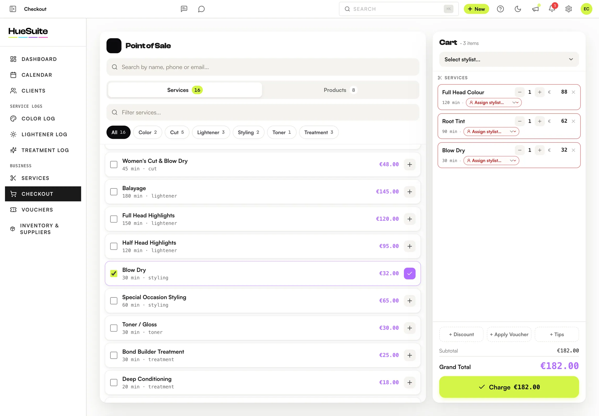 HueSuite point-of-sale checkout with live cart and total