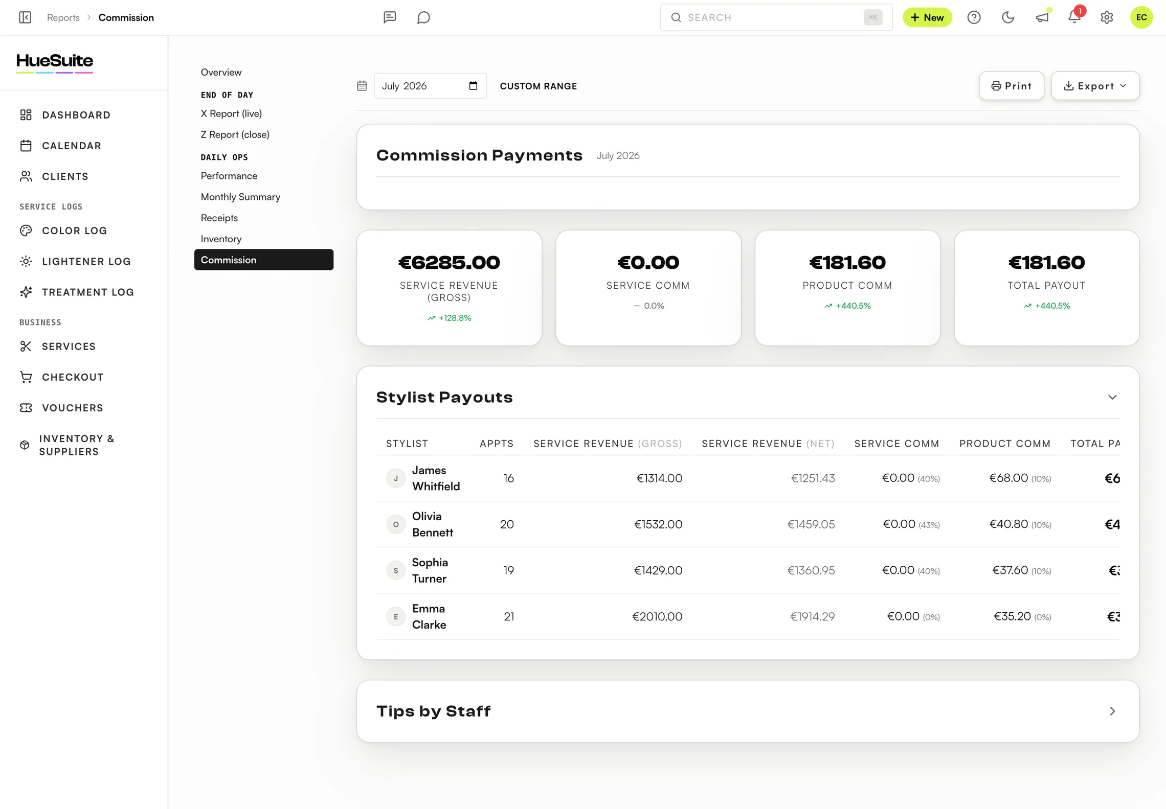 HueSuite commission payments report with per-stylist payouts, service and product commission