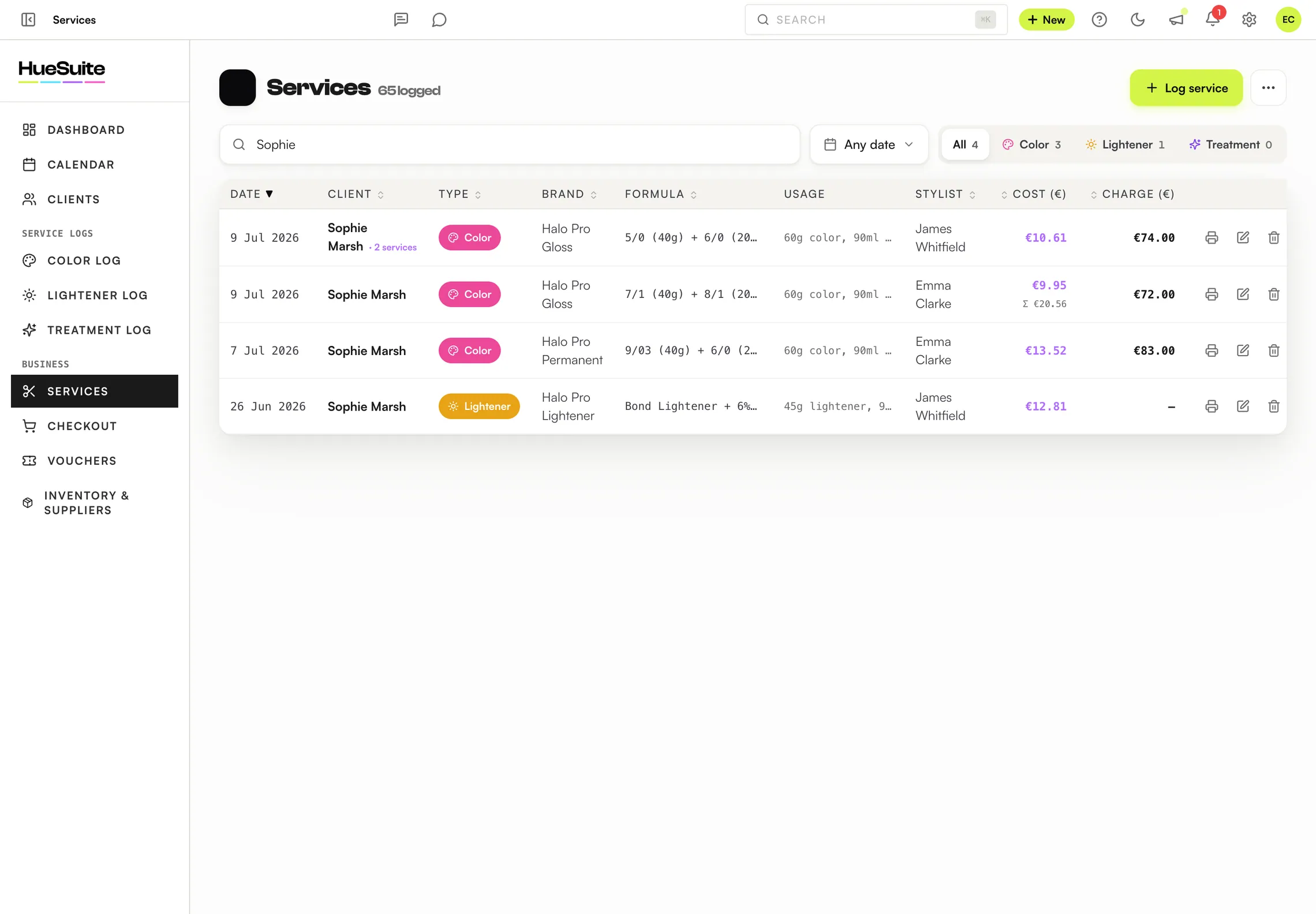 HueSuite services library searchable by name, colour or stylist
