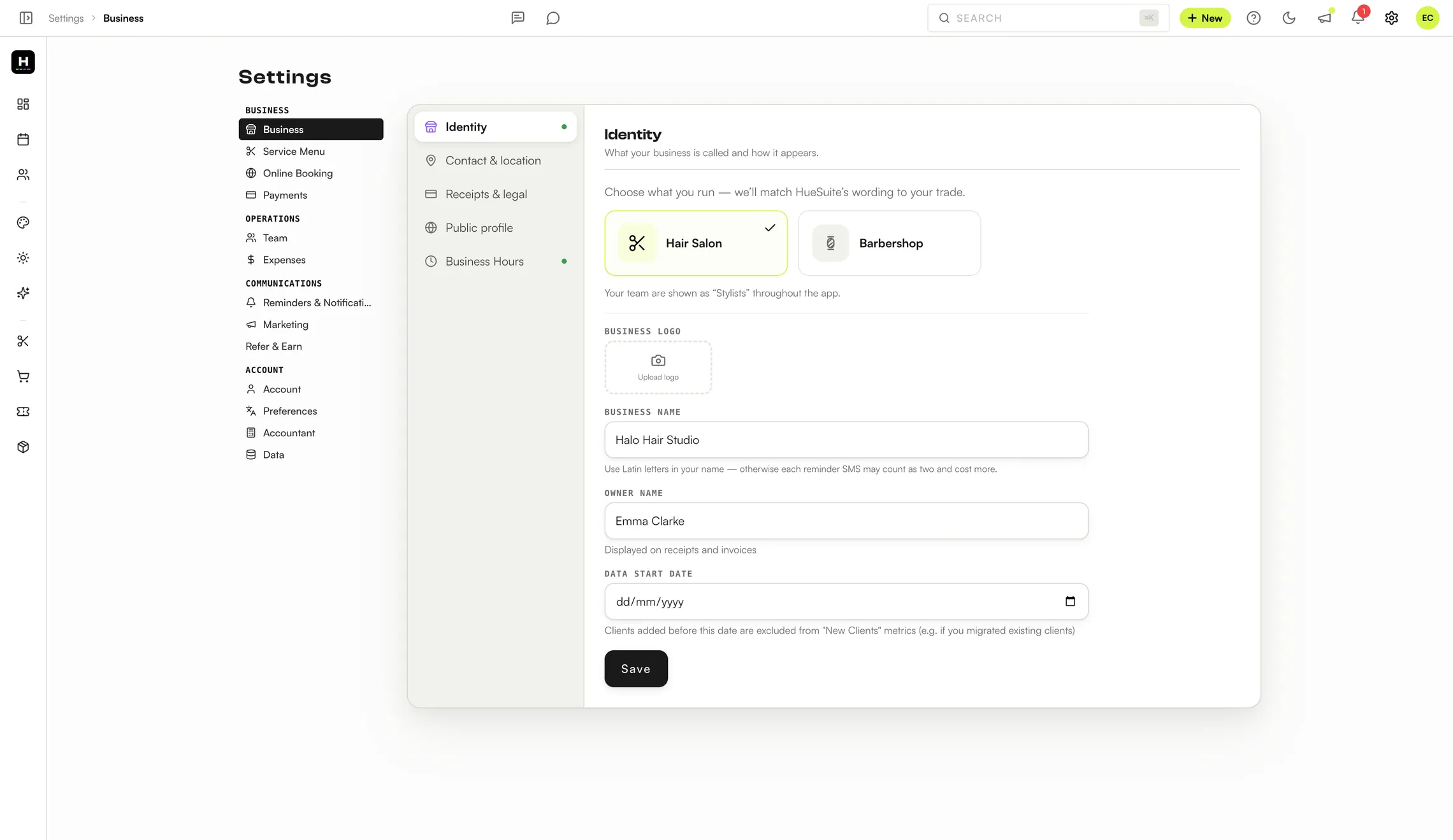 HueSuite settings — business identity: trade picker (hair salon or barbershop), logo, business name and owner